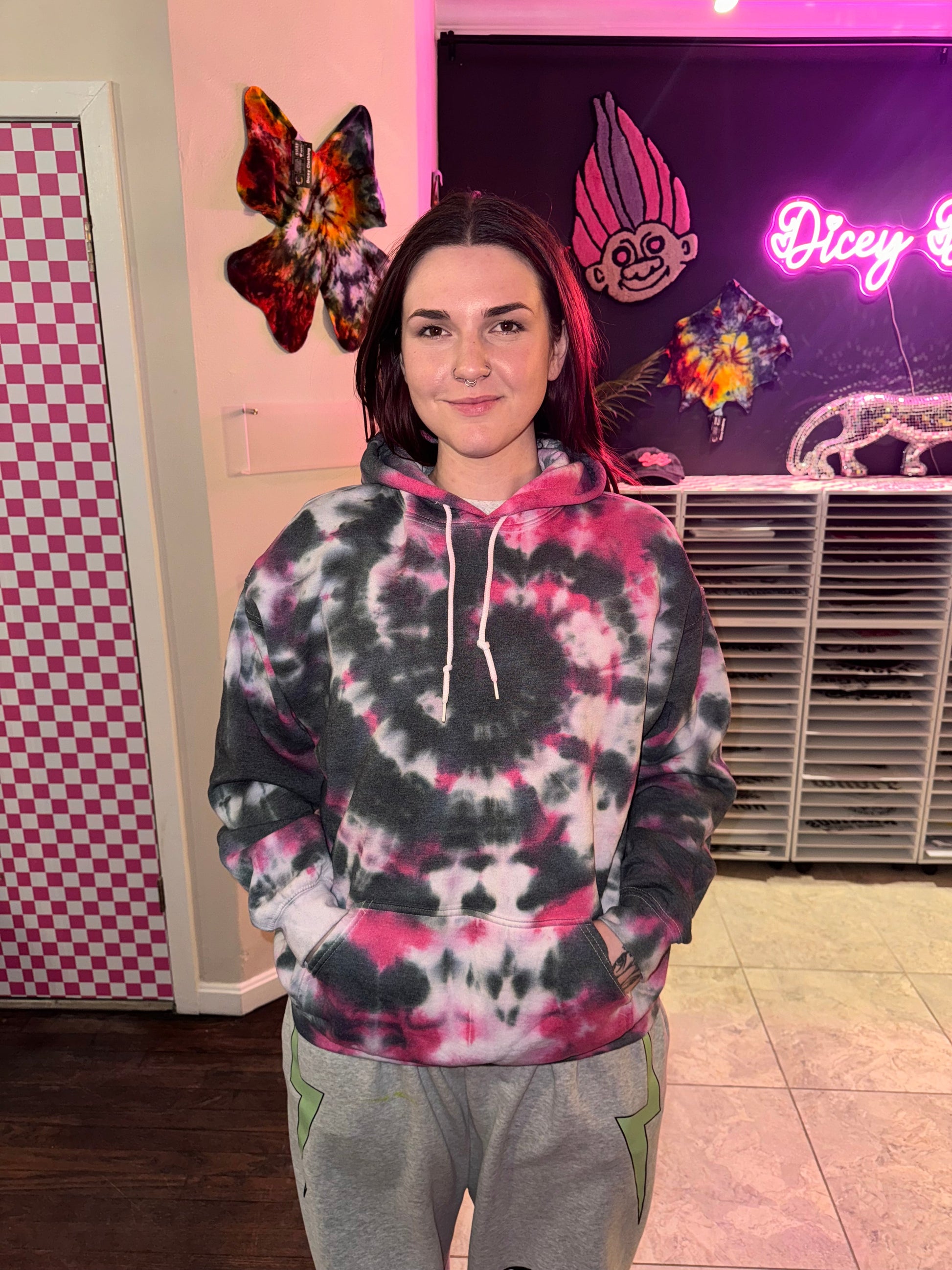 Plain Pink & Black Spiral Hoodie Dicey Dyes