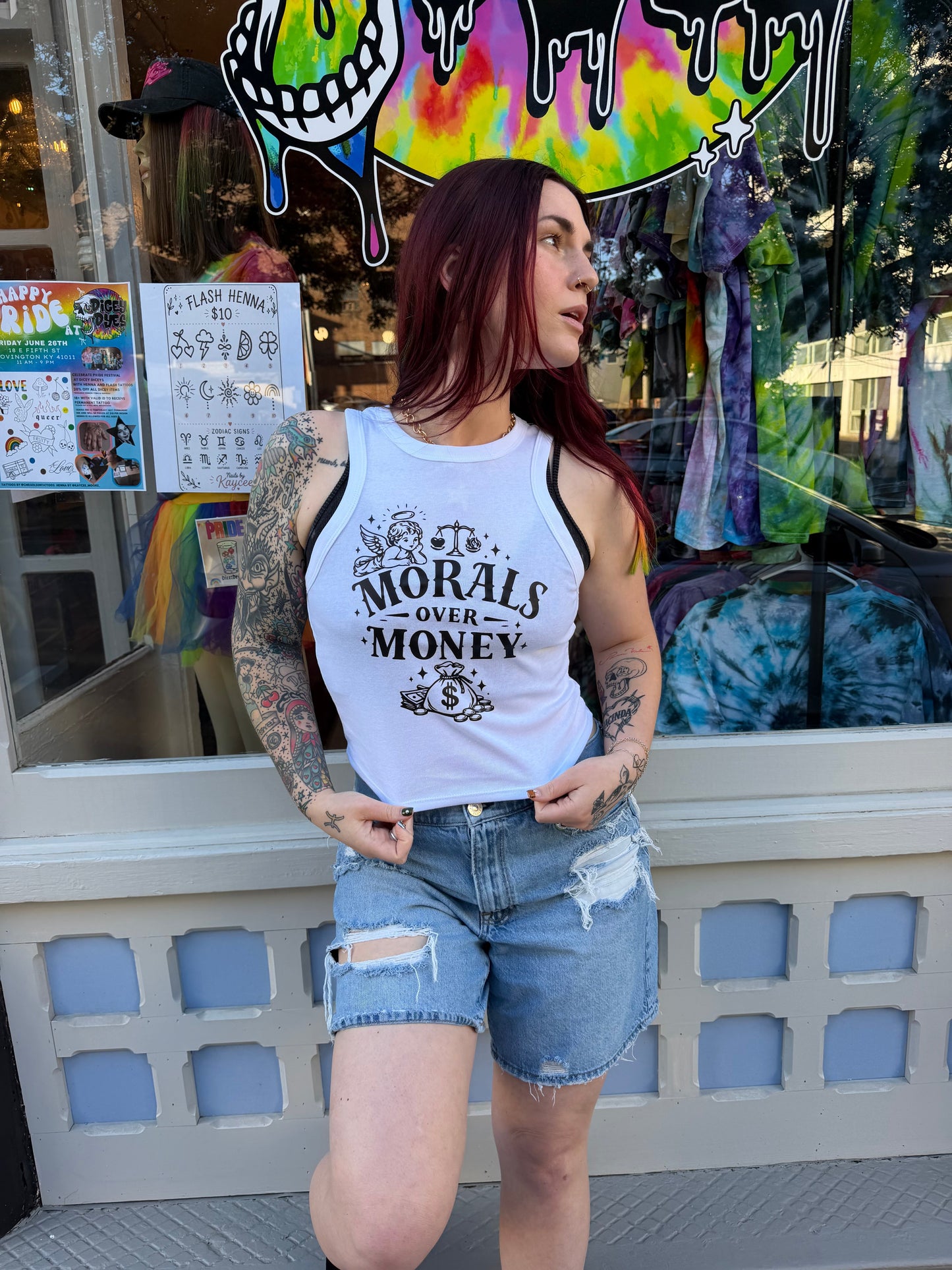 Morals Over Money White Racerback Dicey Dyes