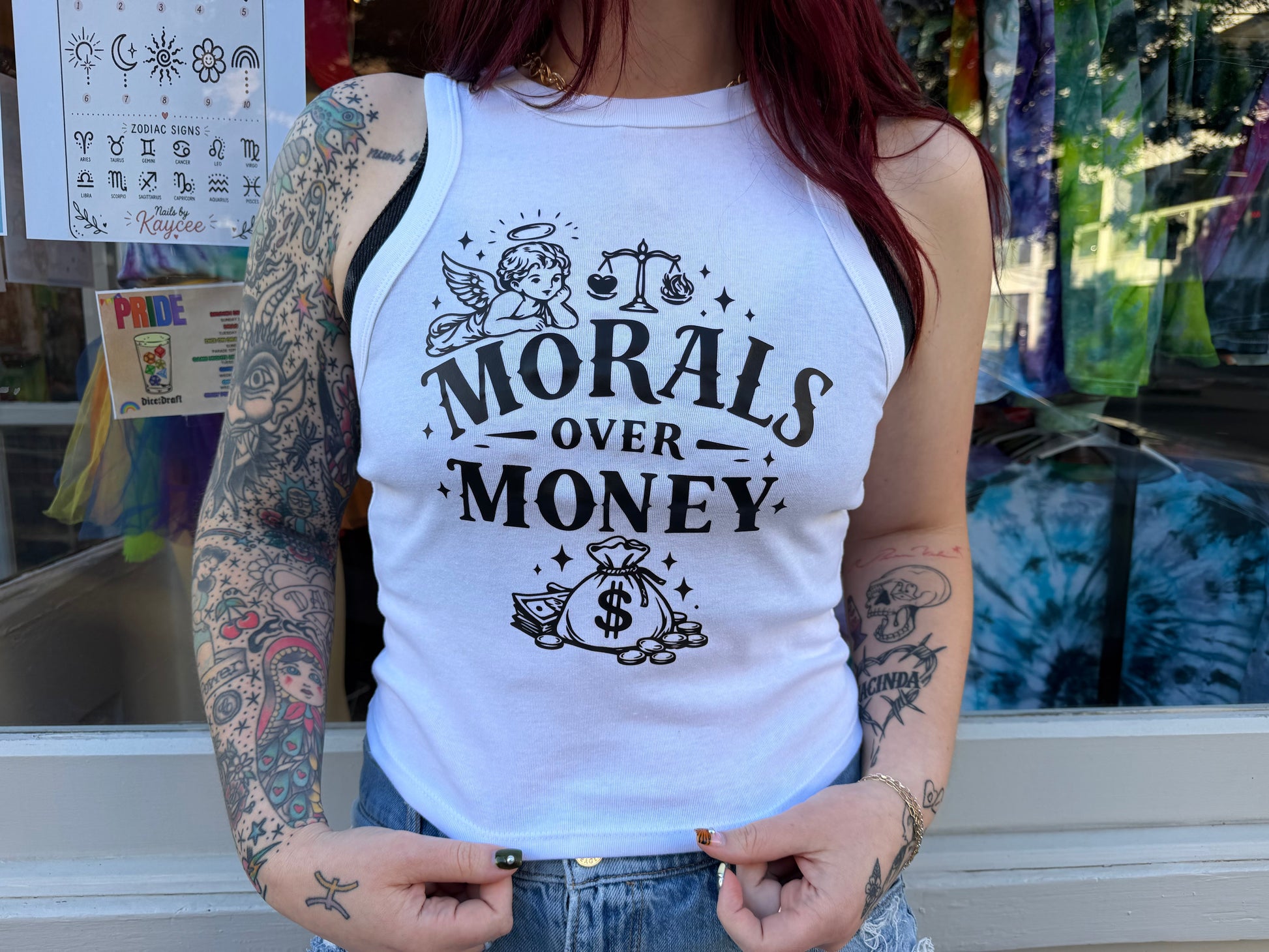 Morals Over Money White Racerback Dicey Dyes
