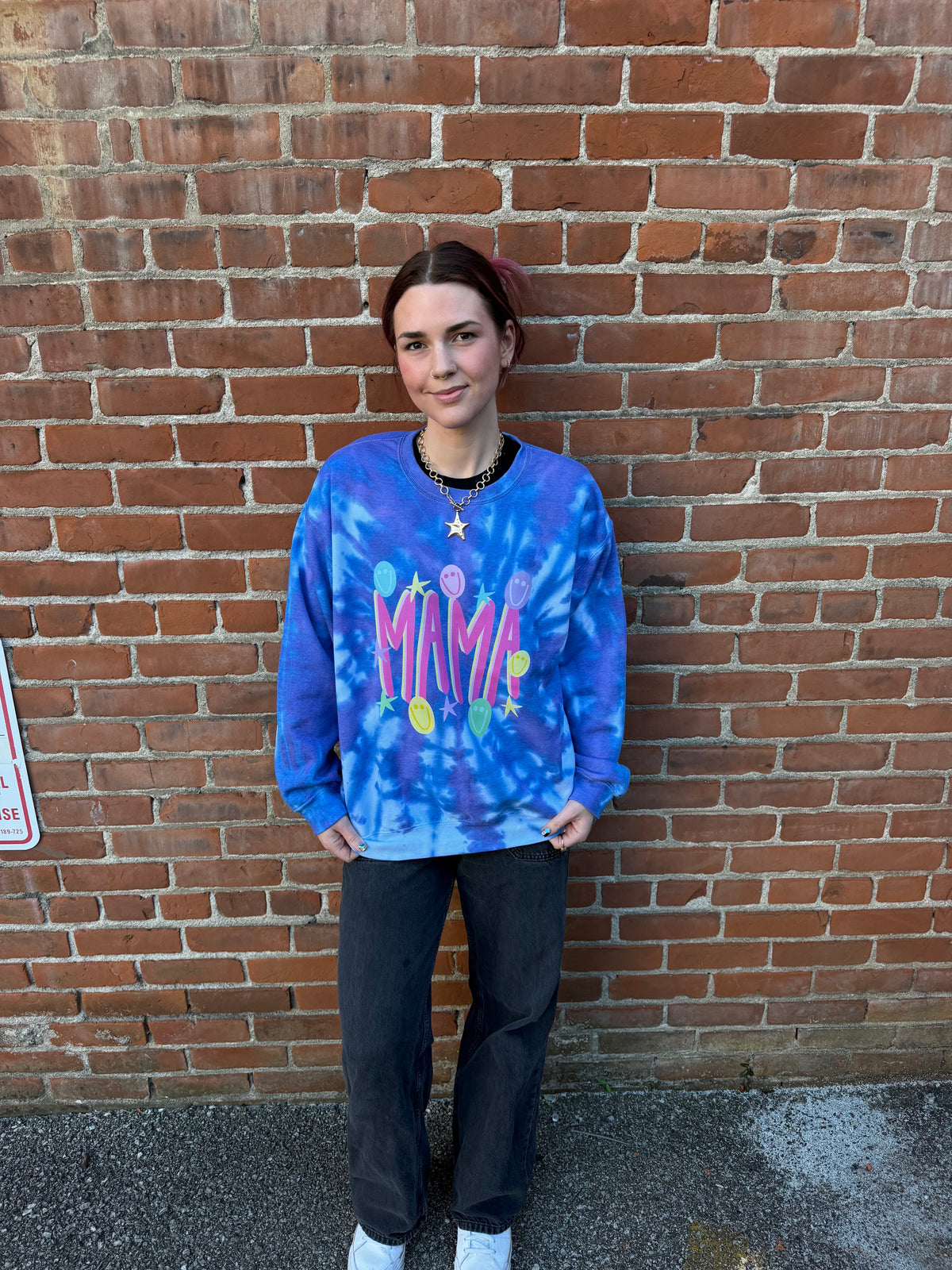 Tie-Dye Smiley Mama Crewneck Dicey Dyes